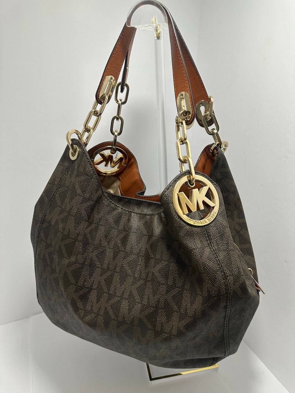 Michael Kors Fulton Large MK Signature Logo Shoulder Bag Brown Gold Fulton